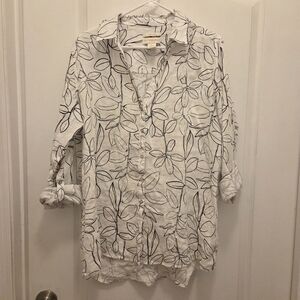 Cynthia Rowley 100% linen button down black & white leaf print L Large